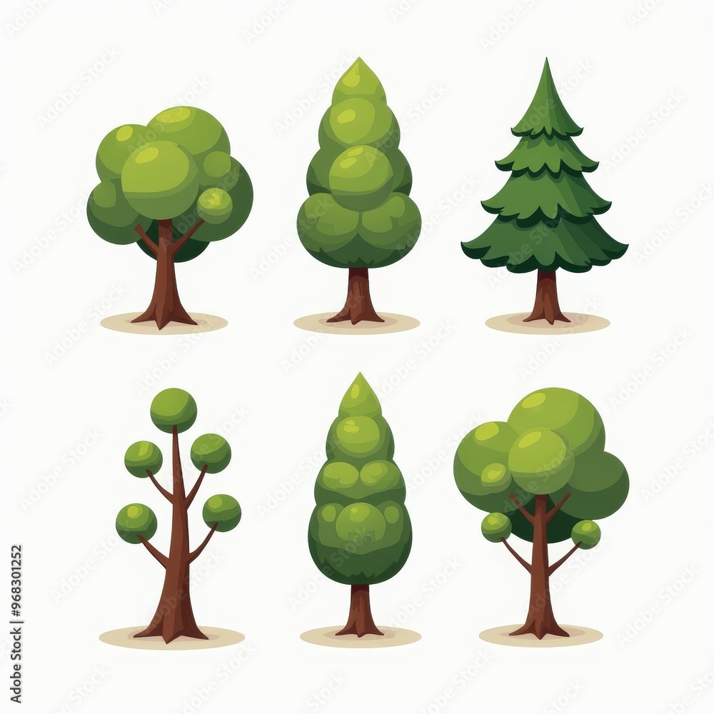 Fototapeta premium Cartoon Tree Vector Set Illustration with Six Unique Green Trees for Kids, Nature, and Educational Use