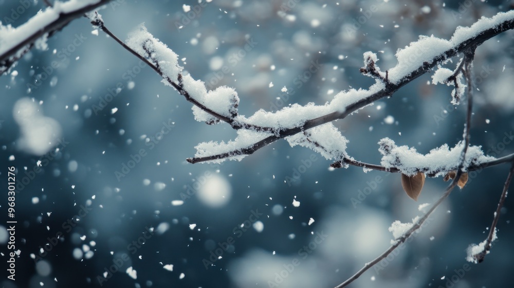 A close-up of a tree branch covered in fresh snow, with snowflakes gently falling in the background. A close-up of a tree branch covered in fresh snow, with snowflakes gently falling in the background.