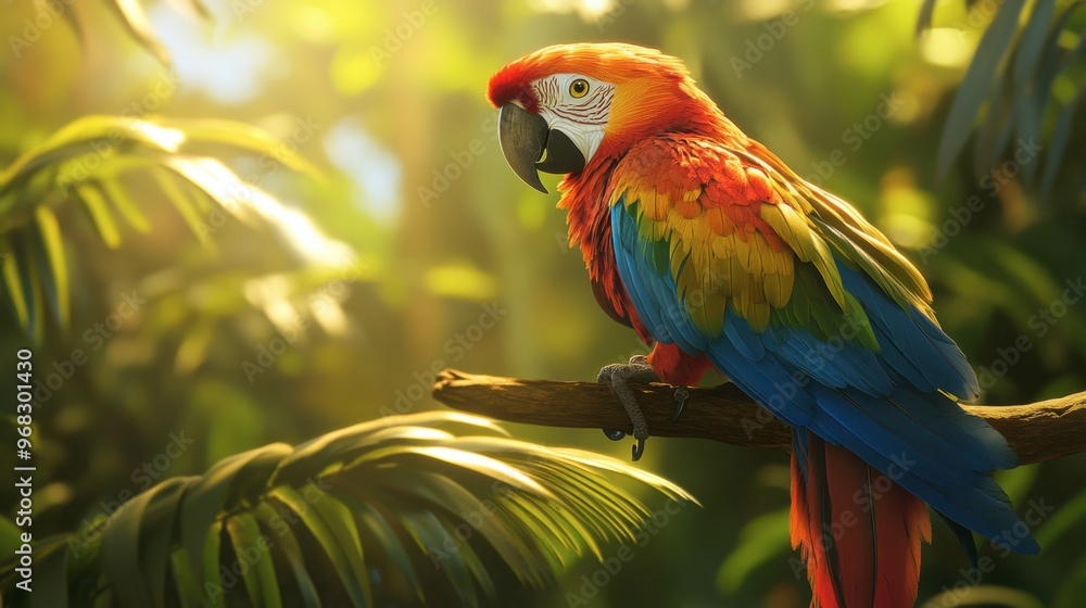 A close-up of a vibrant parrot perched on a branch, its colorful feathers glistening in the sunlight. A close-up of a vibrant parrot perched on a branch, its colorful feathers glistening in the sunlight.