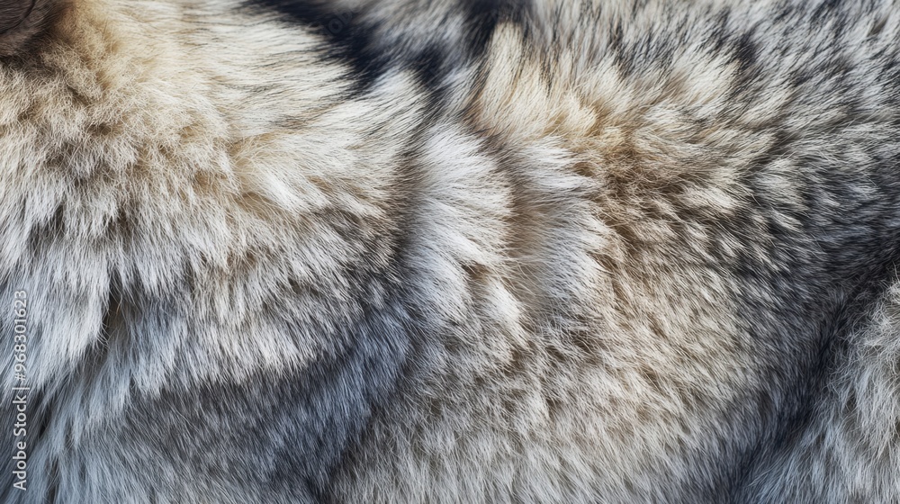 A close-up of a wolf fur, showing the intricate patterns and textures of its thick coat. A close-up of a wolf fur, showing the intricate patterns and textures of its thick coat.