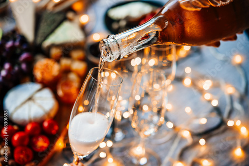 Obraz na płótnie Pouring sparkling wine or champagne served on the table for Christmas or New Year eve celebration. w salonie