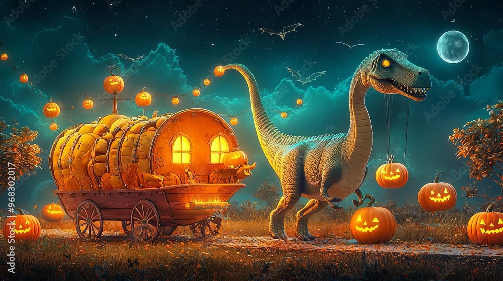 Fototapeta premium Halloween Dinosaurs dinosaur parade, spooky Halloween float with pumpkins, eerie night sky, 3D illustration