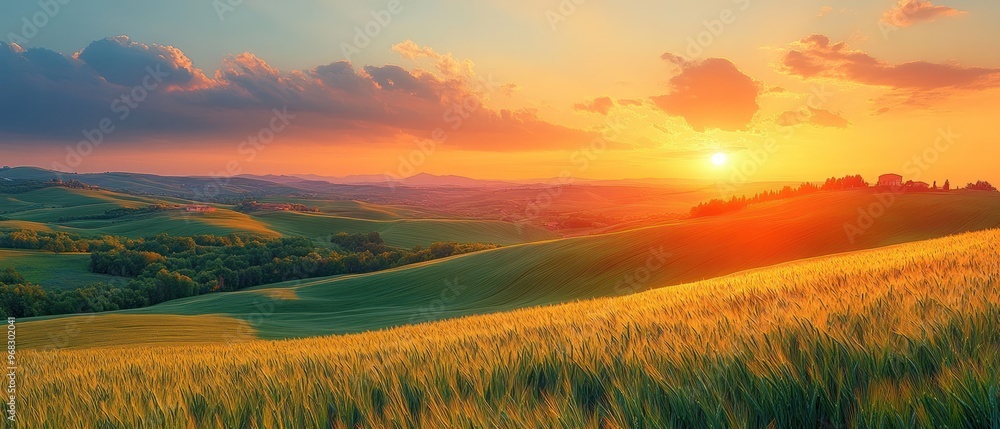 Fototapeta premium Sunset Over Rolling Hills and Golden Wheat Field