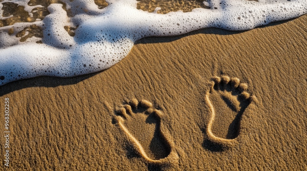 Obraz premium A close-up of footprints in the wet sand, with the waves gently washing up onto the shore.