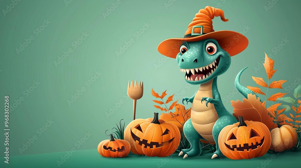 Fototapeta premium Halloween Dinosaurs T-rex smashing pumpkins, spooky Halloween fun, flat design illustration