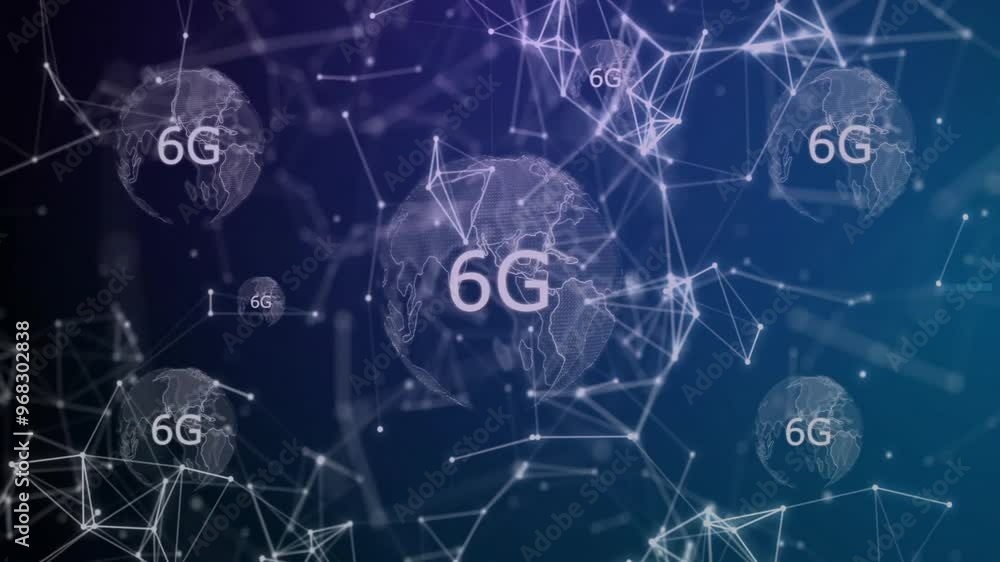 Animation of globes with 6g over network of connections on black background Animation of globes with 6g over network of connections on black background