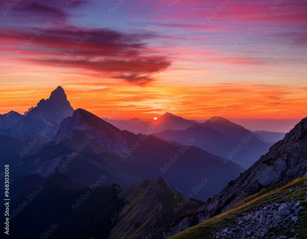 A breathtaking view of a mountain range at sunset, with the sky painted in shades of orange, A breathtaking view of a mountain range at sunset, with the sky painted in shades of orange,