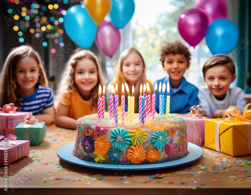 A brightly colored birthday cake with candles, surrounded by cheerful party decorations and