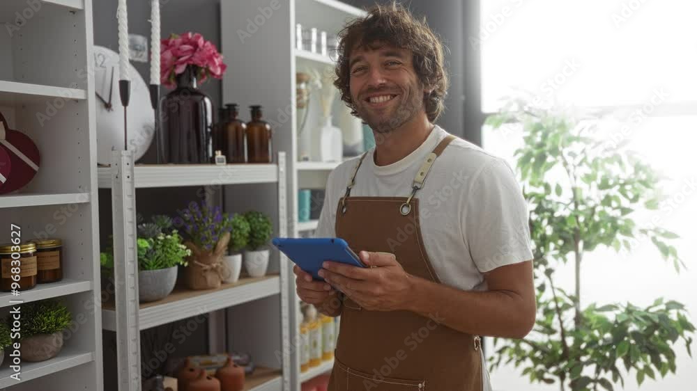 Young man in a home decor store holding a tablet surrounded by indoor plants and decorative items, looking engaged in his work. Young man in a home decor store holding a tablet surrounded by indoor plants and decorative items, looking engaged in his work.