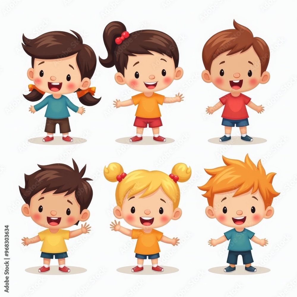 Cute Children Illustration - Happy Kids Smiling and Waving in Colorful Outfits, Joyful Cartoon Characters Cute Children Illustration - Happy Kids Smiling and Waving in Colorful Outfits, Joyful Cartoon Characters