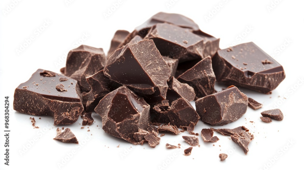 Chunks of dark chocolate on a white Chunks of dark chocolate on a white