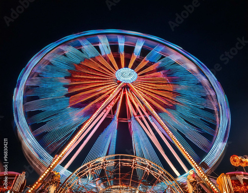 A brightly lit Ferris wheel spinning against a dark sky at a carnival. The vibrant lights cr photo