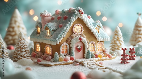 A beautiful delicious gingerbread house decorated for Christmas, with pastel pink and blue colors, on an isolated light cyan background