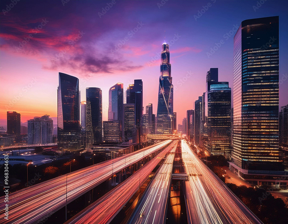 Fototapeta premium A city skyline at dusk, with modern skyscrapers lit up as the sun sets, casting a soft purpl