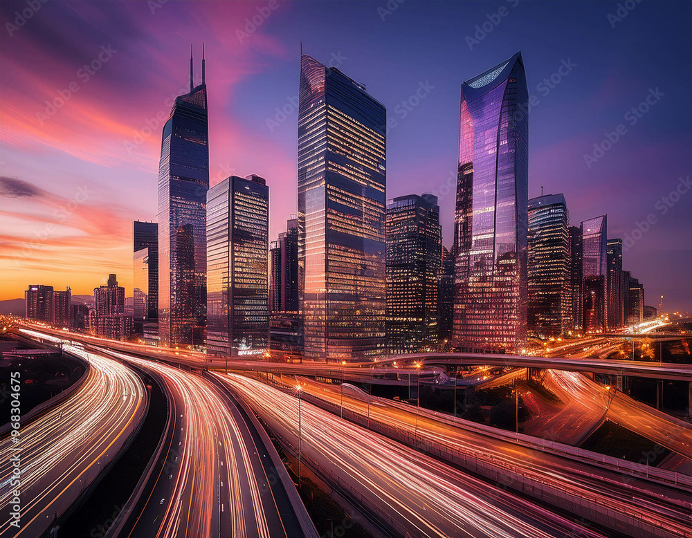 A city skyline at dusk, with modern skyscrapers lit up as the sun sets, casting a soft purpl A city skyline at dusk, with modern skyscrapers lit up as the sun sets, casting a soft purpl