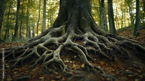 A close-up of the roots of a large tree intertwining with the forest floor, showing nature strength.