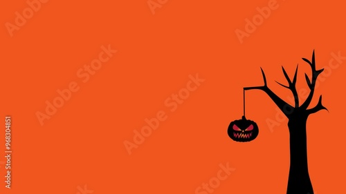 animation of halloween pumpkins next to tree on orange background, halloween background