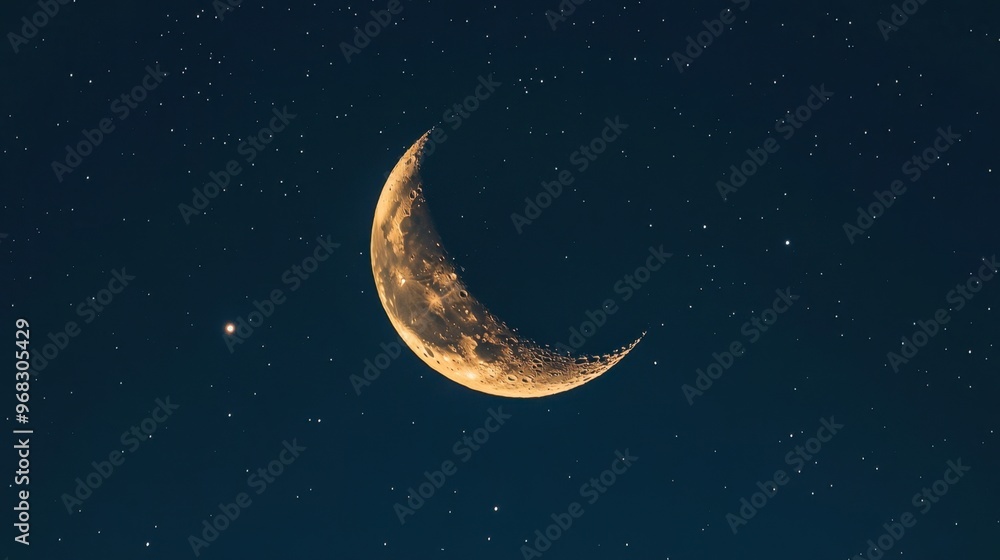 A crescent Moon hanging low in the sky, with stars twinkling faintly around it. A crescent Moon hanging low in the sky, with stars twinkling faintly around it.