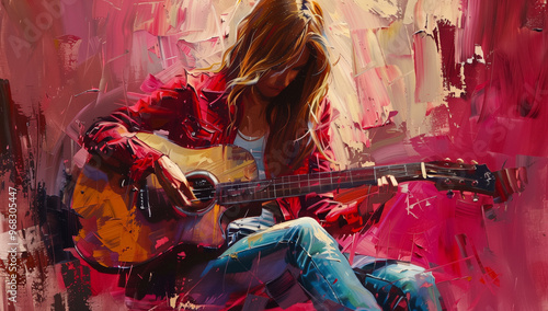 Oil painting of an feminine musical woman playing guitar. Female musician holds her instrument with passion draw with dynamic brushstrokes, cinematic lighting, vibrant colors, and detailed texture