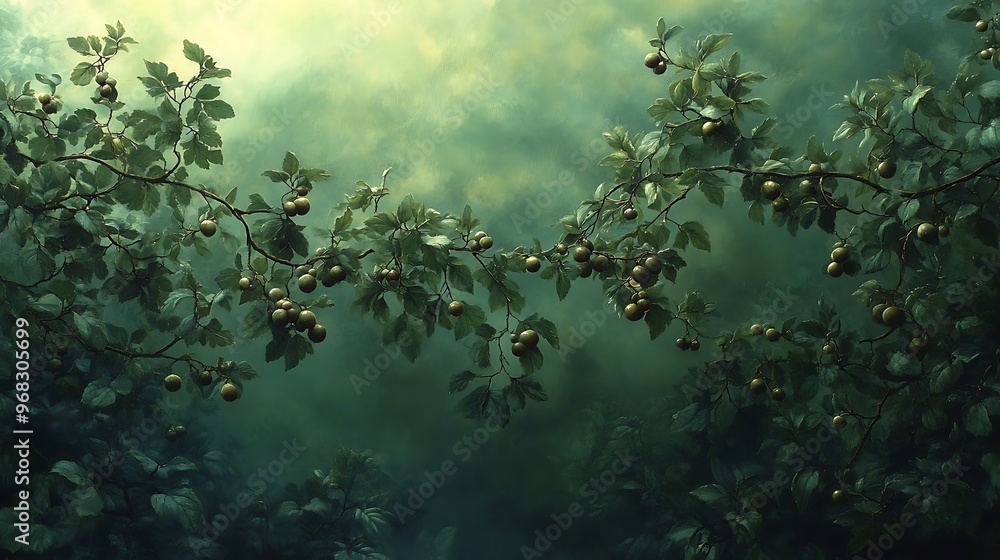 Lush green foliage with small golden fruits on a branch against a soft green and white background. Lush green foliage with small golden fruits on a branch against a soft green and white background.