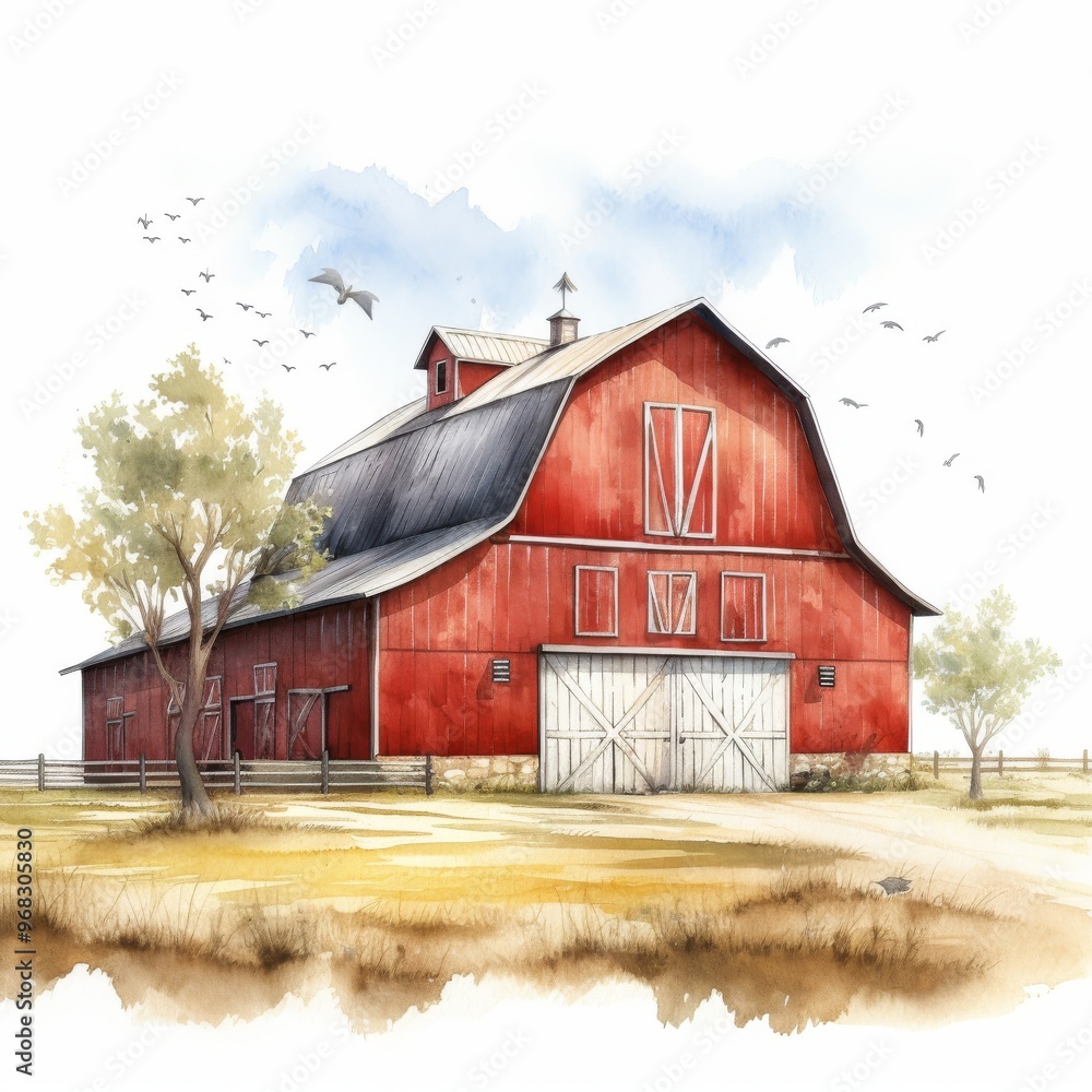 Obraz premium Idyllic Countryside Barn, Red Farm Building Illustration, Rural Life Art