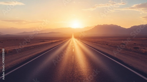 A desert highway stretching straight into the distance, with the sun setting on the horizon.