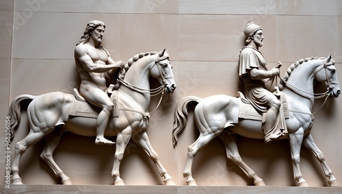 stone relief sculpture featuring two figures on horseback