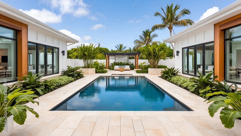Fototapeta premium Luxurious outdoor setting featuring a rectangular swimming pool flanked by two modern