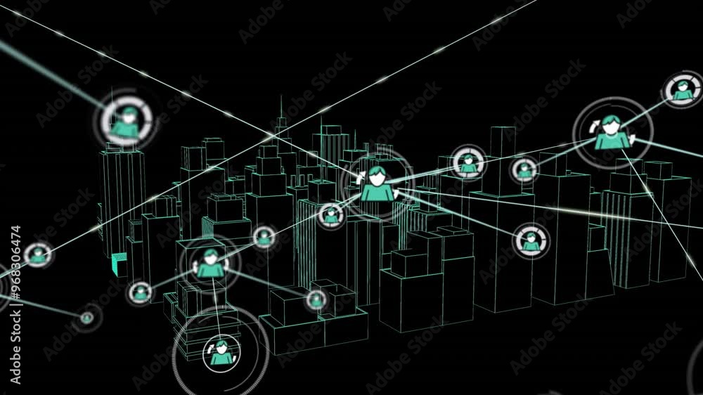 Animation of network of connections with icons and city on black background Animation of network of connections with icons and city on black background