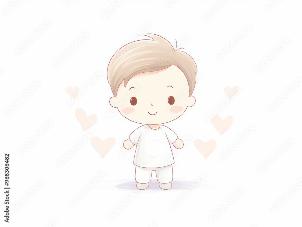 Cute cartoon child with light hair, smiling cheerfully, surrounded by soft heart shapes, perfect for greeting cards or baby themes. Cute cartoon child with light hair, smiling cheerfully, surrounded by soft heart shapes, perfect for greeting cards or baby themes.