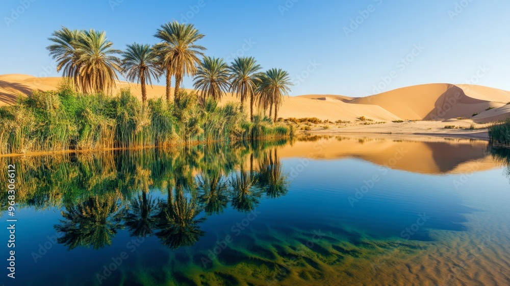 Obraz premium A desert oasis surrounded by palm trees, with crystal-clear water reflecting the surrounding sand dunes.
