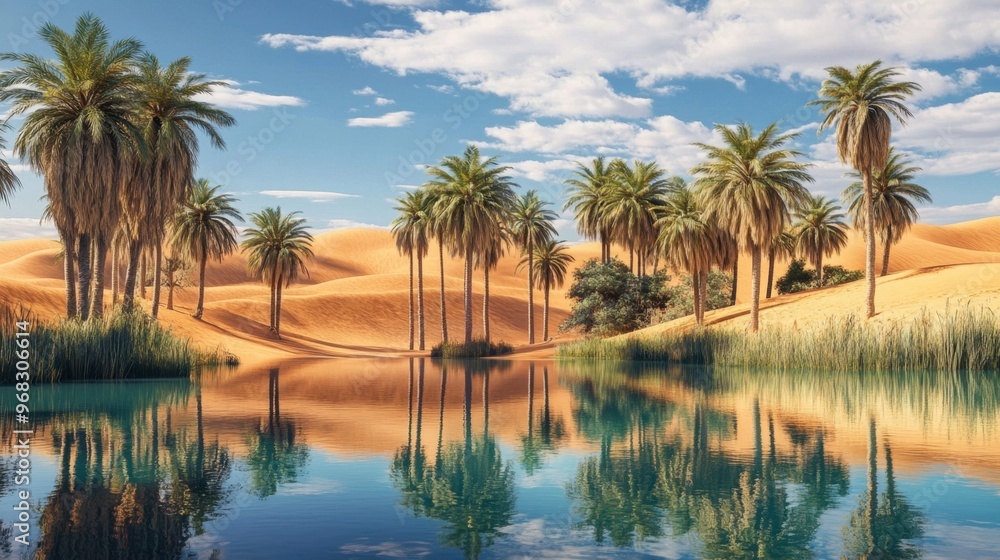 A desert oasis surrounded by palm trees, with crystal-clear water reflecting the surrounding sand dunes. A desert oasis surrounded by palm trees, with crystal-clear water reflecting the surrounding sand dunes.