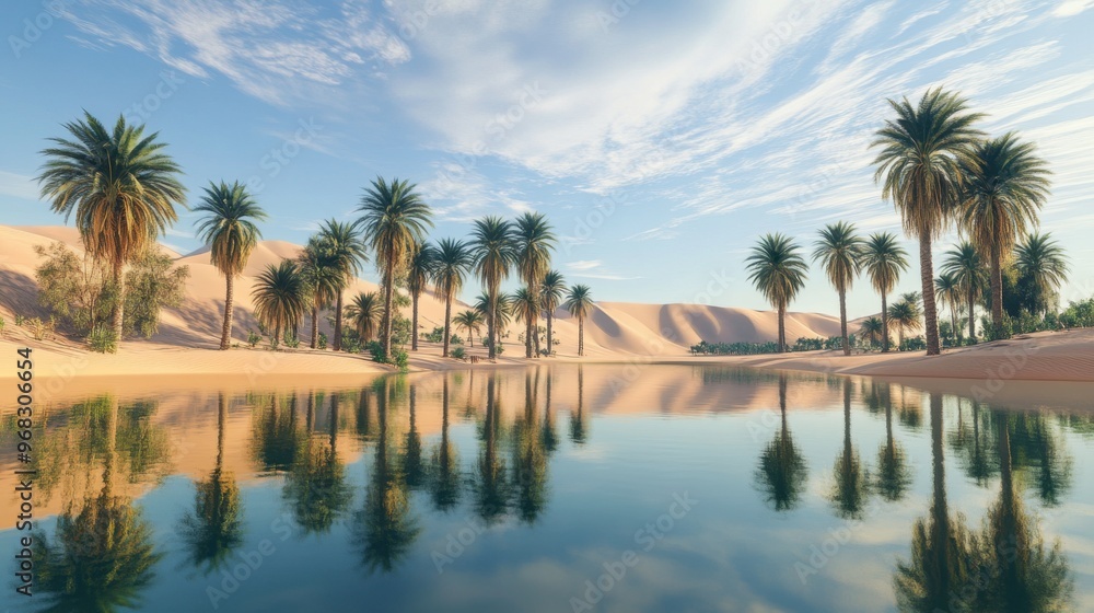 A desert oasis surrounded by palm trees, with crystal-clear water reflecting the surrounding sand dunes. A desert oasis surrounded by palm trees, with crystal-clear water reflecting the surrounding sand dunes.