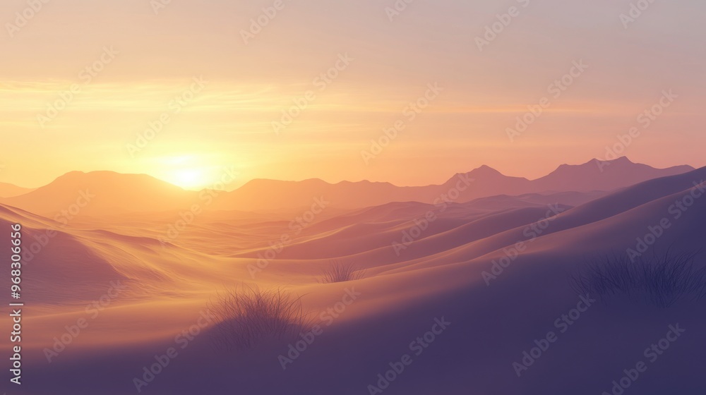 A desert scene at dawn, with the first light of day illuminating the sand dunes in soft, warm tones. A desert scene at dawn, with the first light of day illuminating the sand dunes in soft, warm tones.