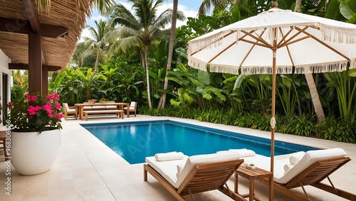 swimming pool surrounded by lush green foliage and palm trees. In the foreground, there are two wooden lounge chairs with white cushions, positioned under a large white fringed umbrella. photo