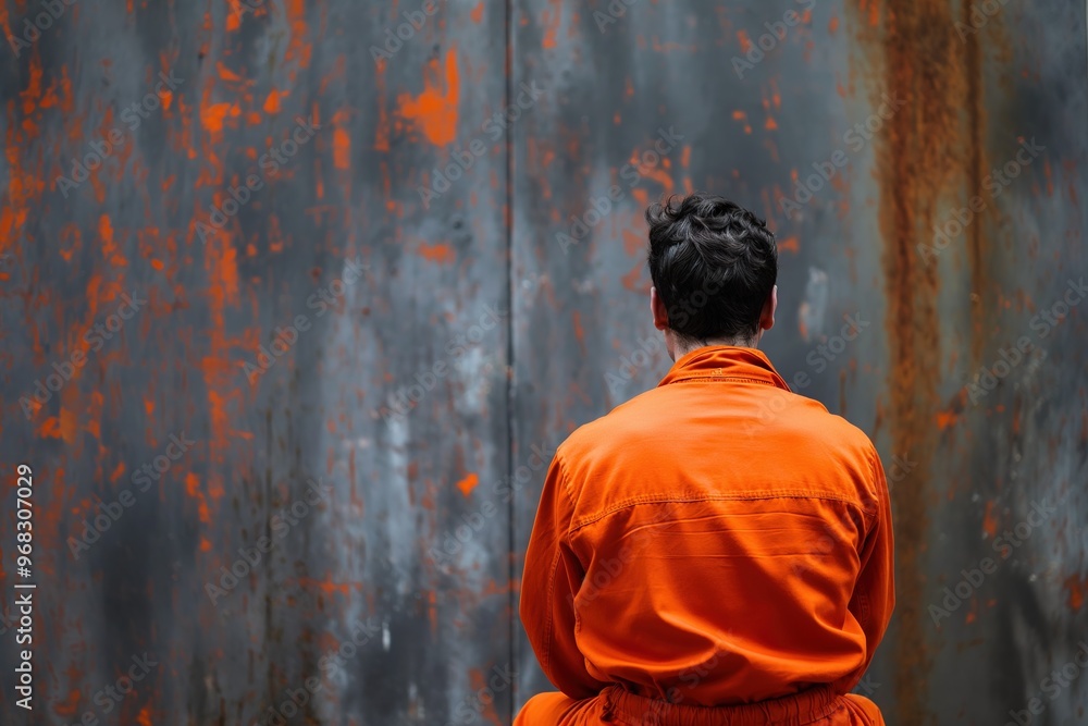 Obraz premium Prisoner in an orange jumpsuit sits against a distressed gray wall, reflecting on confinement in a somber setting