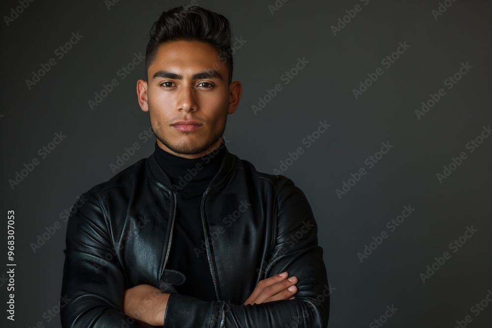 Obraz premium Striking portrait of a young man wearing a leather jacket against a dark background in a professional studio setting