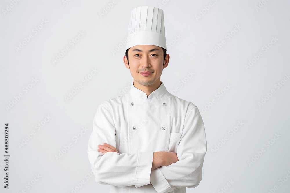 A happy Japanese chef proudly standing with arms crossed in a professional kitchen setting during daytime A happy Japanese chef proudly standing with arms crossed in a professional kitchen setting during daytime