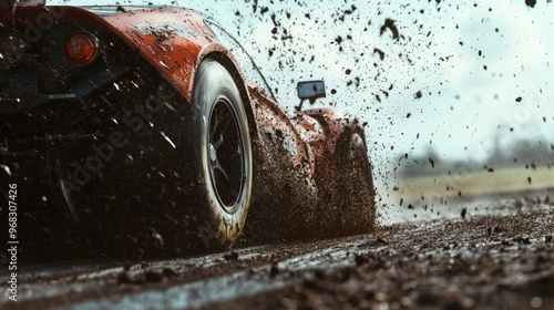 A dramatic shot of a race car skidding off the track, kicking up dirt and grass as it veers off course. photo