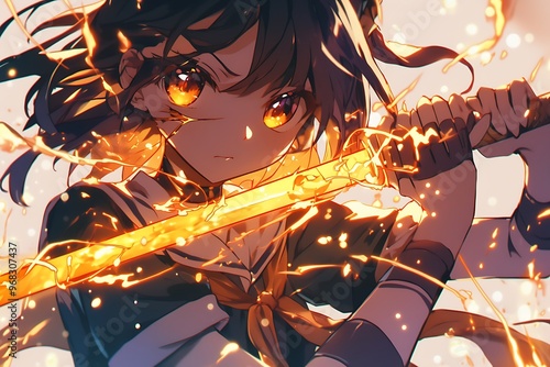 Anime girl warrior with golden sword and glowing eyes. Digital art illustration for fantasy, manga, or video game photo