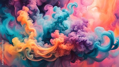 Abstract colorful smoke swirls in vibrant hues of blue, orange, pink, and purple against a dark background.