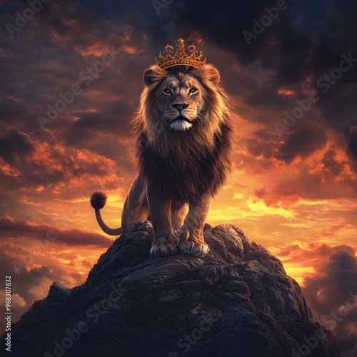 Regal lion adorned with crown, standing majestically above all picture photo