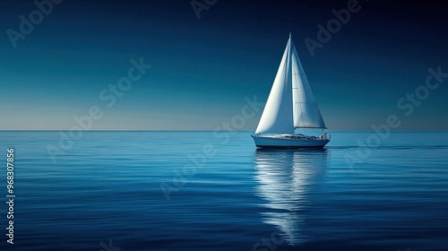 A sailboat on a calm ocean, its white sails standing out against the deep blue water.