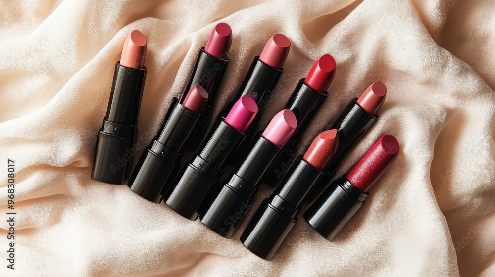 Obraz premium A flat lay of a lipstick collection, with shades arranged from light to dark on a soft fabric background.