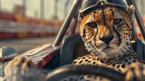 A Cheetah Dressed as a Race Car Driver Zooms Around the Track, Competing for the Championship Trophy with Unmatched Speed and Feline Precision