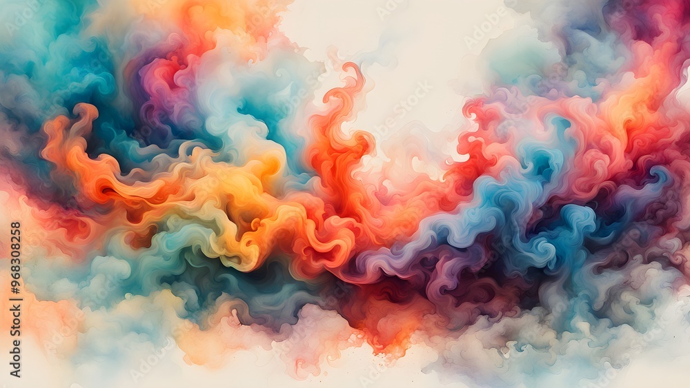Fototapeta premium Abstract colorful cloud of smoke or ink swirling and mixing on a white background.