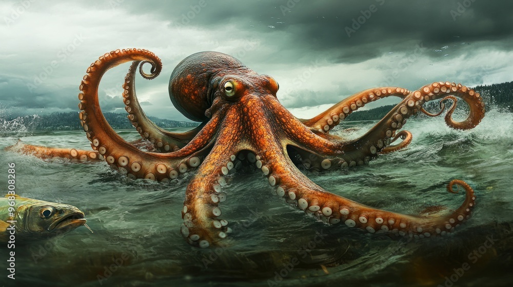 Giant Octopus Hunting a Fish in Turbulent Water Giant Octopus Hunting a Fish in Turbulent Water