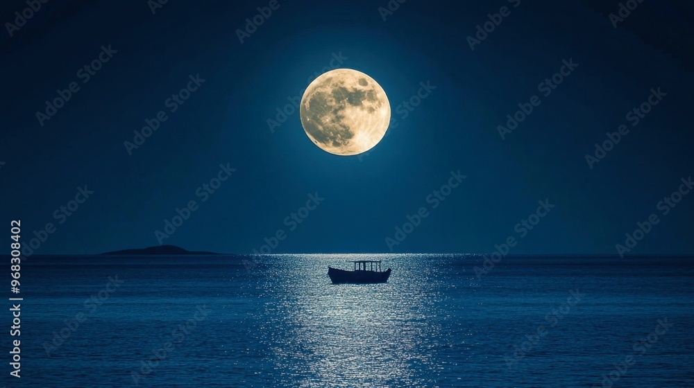 A full Moon shining brightly over a calm sea, with a lone boat silhouetted in the distance. A full Moon shining brightly over a calm sea, with a lone boat silhouetted in the distance.