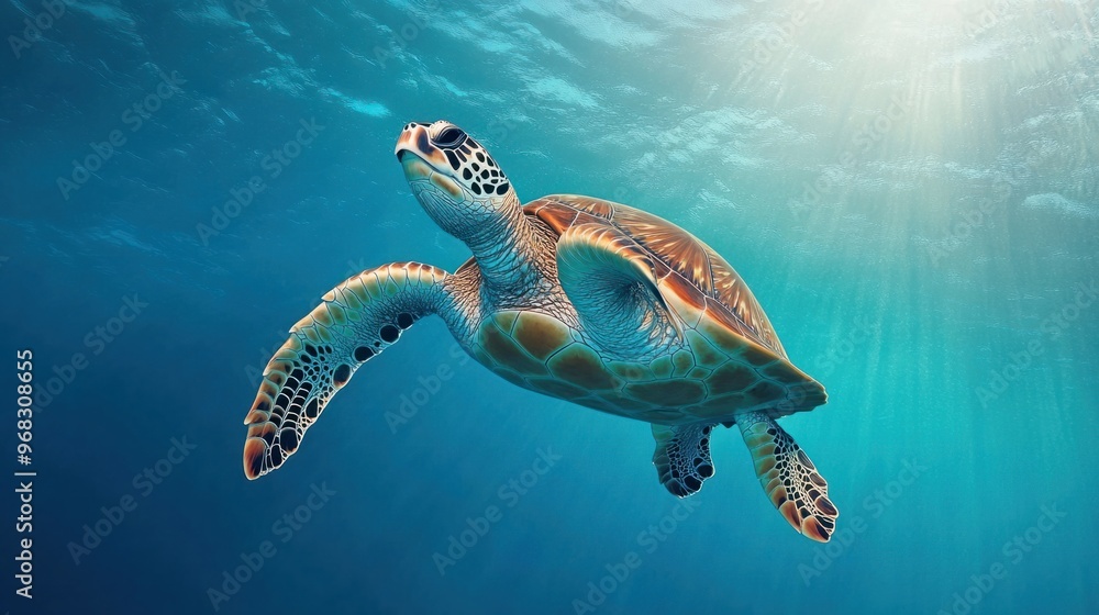 Obraz premium A sea turtle swimming gracefully in the open ocean, surrounded by clear blue water.