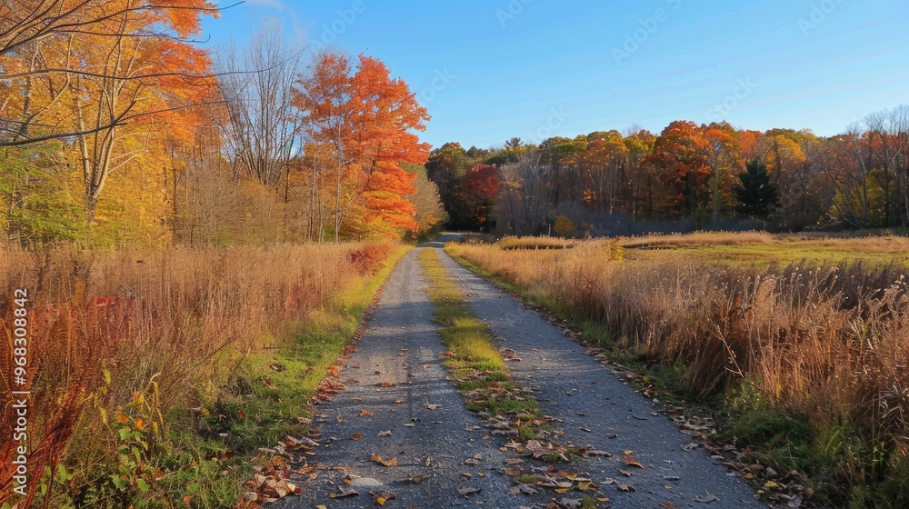 Obraz premium Desolate rural path through fall foliage under clear sky
